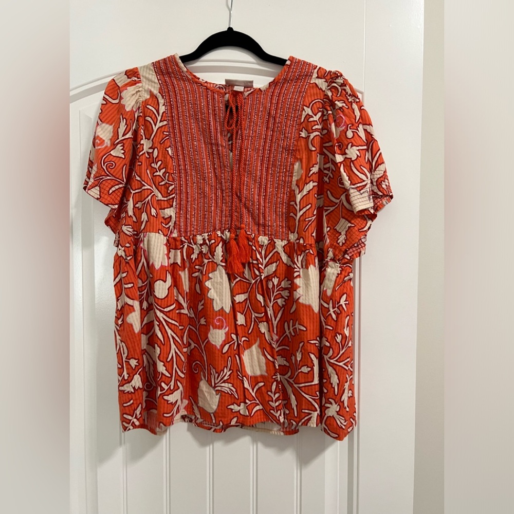 Women's Flutter Short Sleeve Top - Knox Rose Orange Pom Pom Print XL